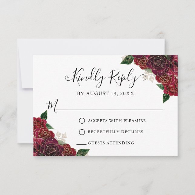 Tarjeta Floral Red Gold Quinceañera RSVP (Anverso)