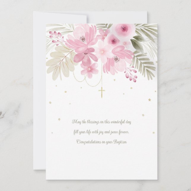 Tarjeta floral rosa de bautismo (Anverso)
