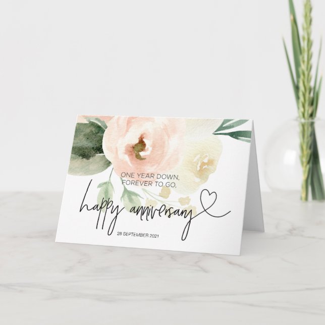 Tarjeta Floral rosa feliz primer aniversario para el marid (Anverso)