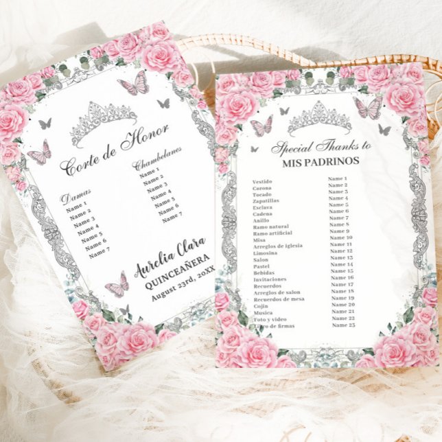 Tarjeta Floral Rosa Plateada Mis Padrinos Quinceañ (pink roses floral silver butterflies quinceanera mis padrinos corte de honor list cards printed)