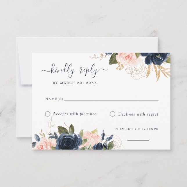 Tarjeta Floral Rubor & Navy Elegant RSVP (Anverso)