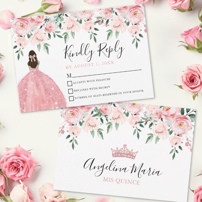 Tarjeta Floral Rubor rosa Quinceanera RSVP (Floral Blush Pink Quinceanera RSVP Card)