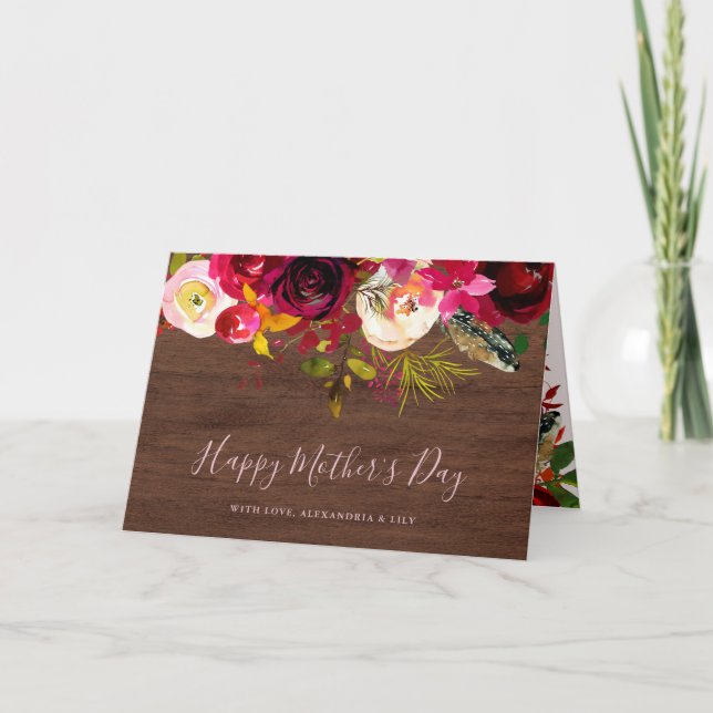 Tarjeta Floral rústica de Boho Burgundy | Feliz Día de la  (Anverso)