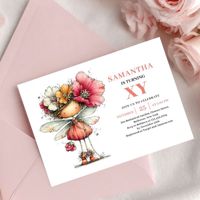 Tarjeta Floral Sonrojada de Cumpleaños 3 de Chica  (Romantic Fairy Girl 3rd Birthday Blush Floral invitation)