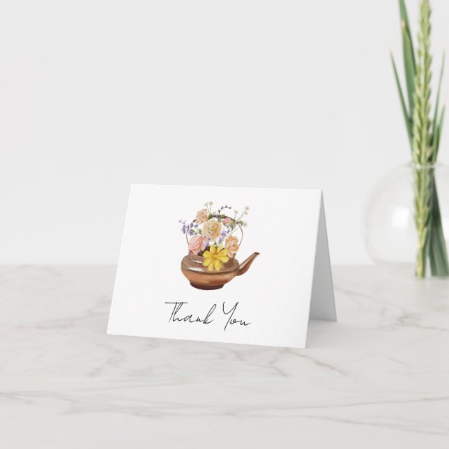 Tarjeta Floral Teapot Bridal Shower Tea Fiesta Gracias (Anverso)