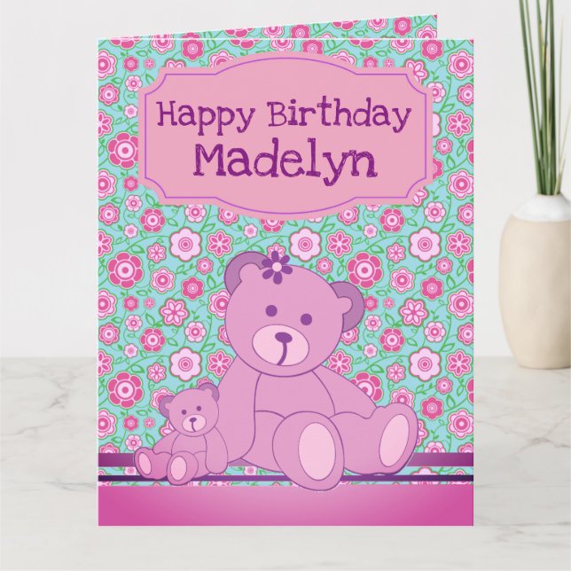 Tarjeta Floral Teddy Bear Cumpleaños (Anverso)