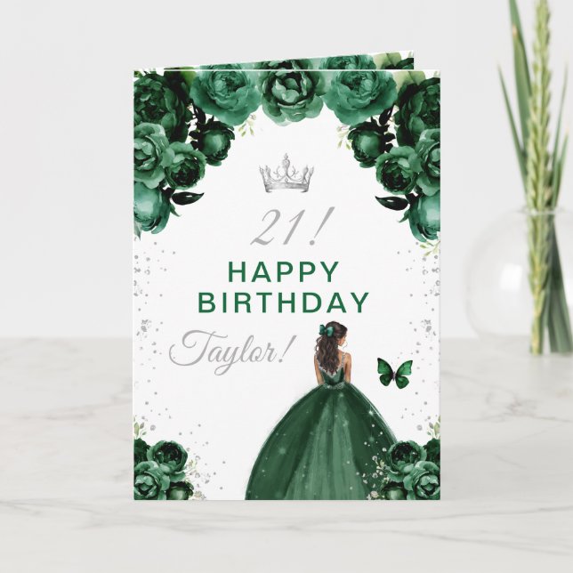 Tarjeta Floral Verde Chica de piel oscura feliz cumpleaños (Anverso)