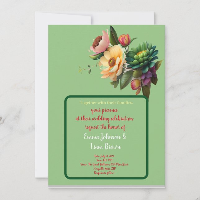 tarjeta floral vibrante invitación a la boda (Anverso)
