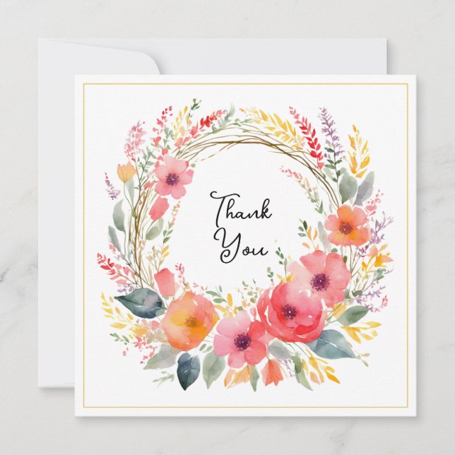 Tarjeta Floral Wreath Elegante Bonito acuarela Gracias (Anverso)