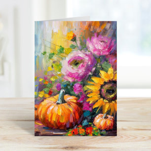 Tarjeta Floral y calabazas de otoño coloridas