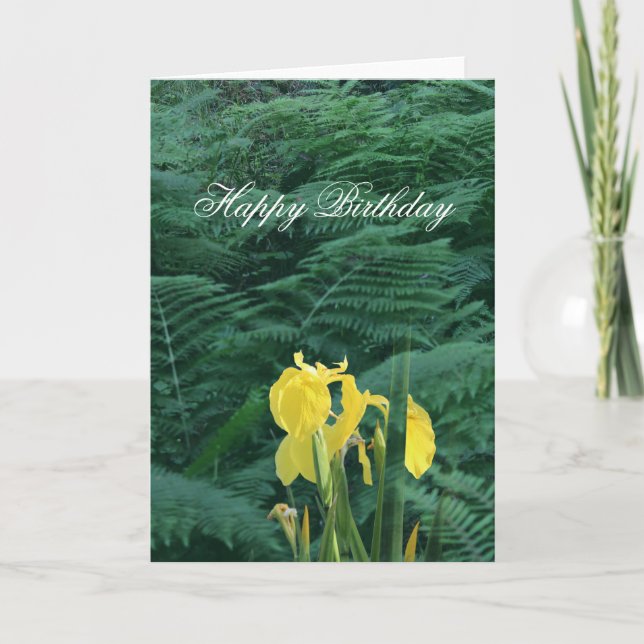 Tarjeta Floral Yellow Iris and Fern "Happy Birthday" (Anverso)