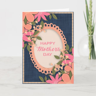 Tarjeta Florales rosados "Feliz Día de la Madre" sobre azu