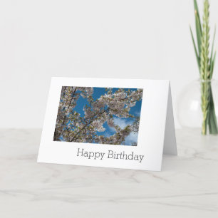 Tarjeta florecimiento de cerezo en cielo azul. feliz cumpl