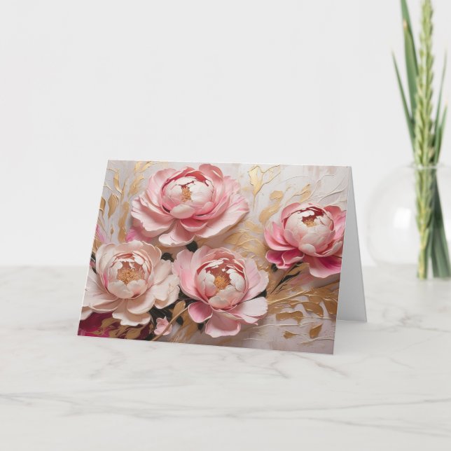 Tarjeta Flores abstractas de peonía rosa y dorado (Anverso)