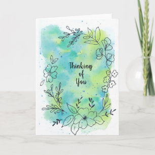 Tarjeta Flores acuarelas azules teal en blanco pensando en