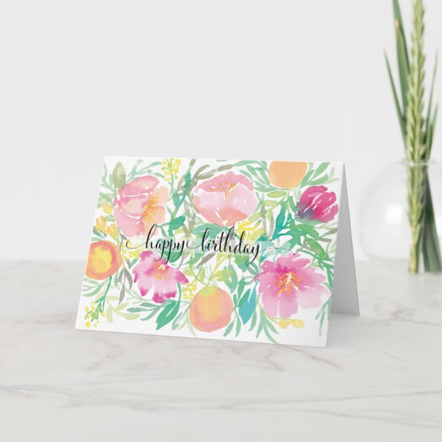 Tarjeta Flores acuarelas y melocotones Feliz cumpleaños (Anverso)