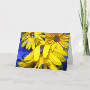 Tarjeta Flores amarillas, abeja azul - Métete bien pronto