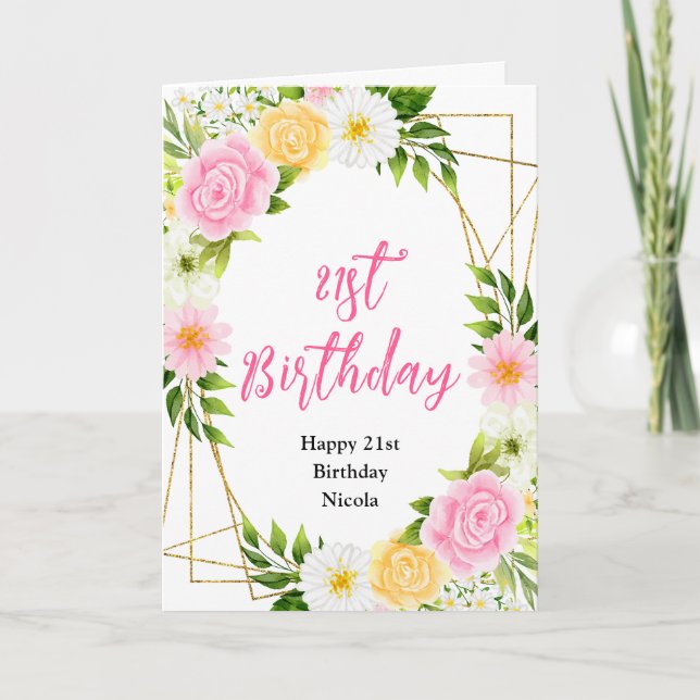 Tarjeta Flores amarillas y rosadas de verano Cumpleaños (Anverso)
