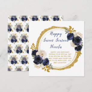 Tarjeta Flores azul marino y oro elegantes dulce dieciséis