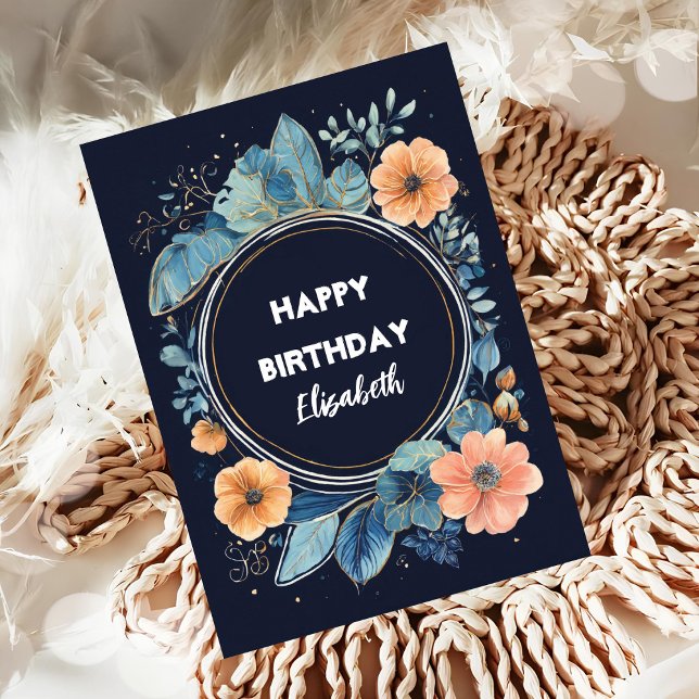 Tarjeta Flores azul y acuarela naranja Cumpleaños (Subido por el creador)