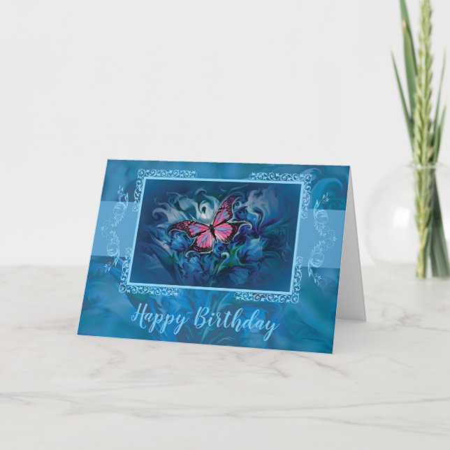 Tarjeta Flores azules elegantes y mariposa (Anverso)