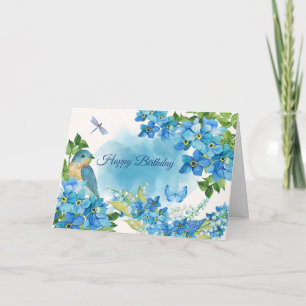 Tarjeta Flores azules y pájaro feliz cumpleaños