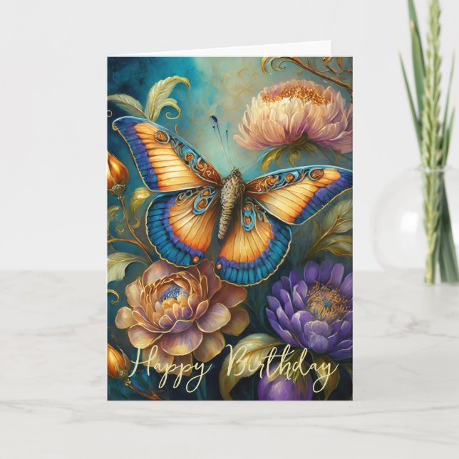 Tarjeta Flores barrocas y cumpleaños de mariposa (Anverso)