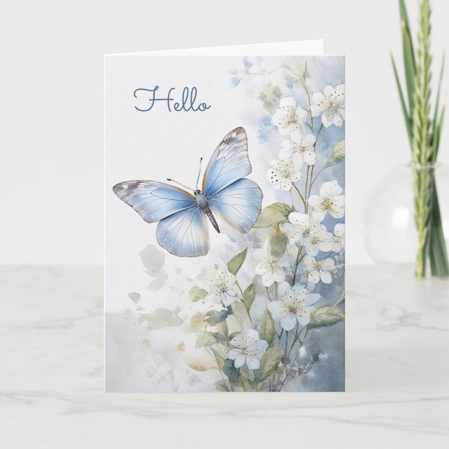 Tarjeta Flores blancas de bonito y azul mariposa Hola (Anverso)