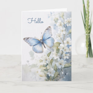 Tarjeta Flores blancas de bonito y azul mariposa Hola