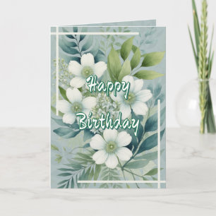 Tarjeta Flores Blancas sobre Fondo de Hojas Verdes Cumplea