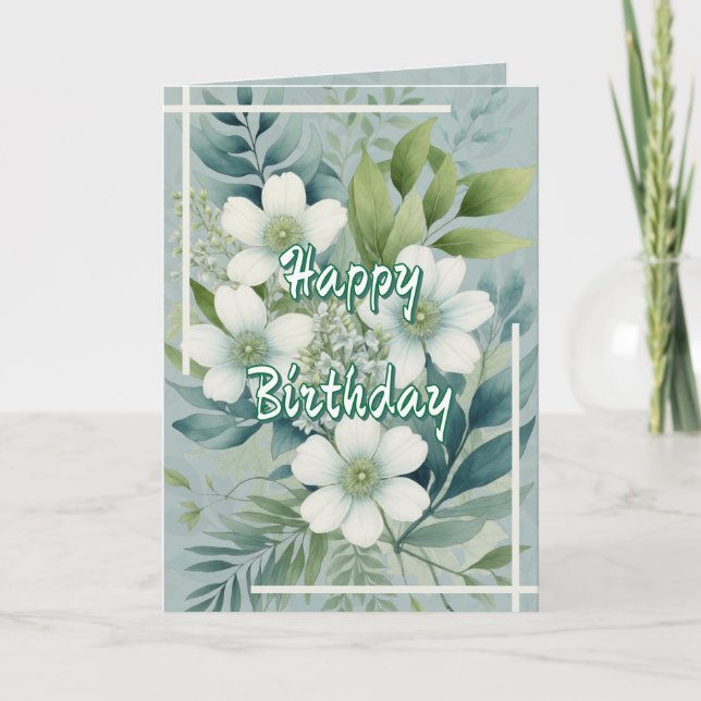 Tarjeta Flores Blancas sobre Fondo de Hojas Verdes Cumplea (Anverso)