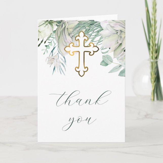Tarjeta Flores blancas y vegetación Gracias religioso (Anverso)