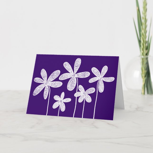 Tarjeta Flores - Blanco sobre morado profundo (Anverso)