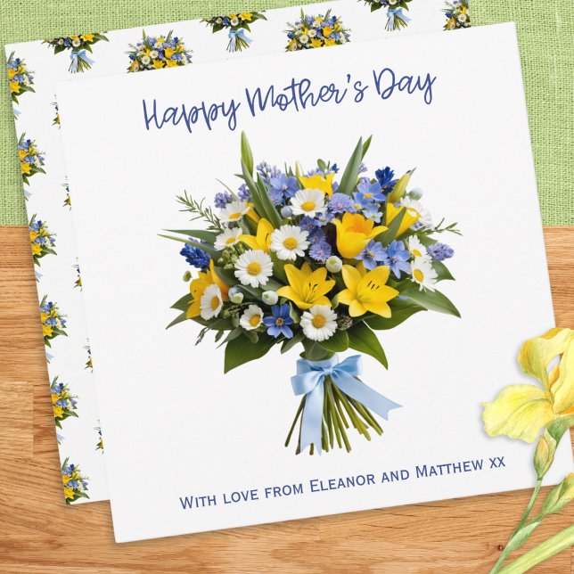 Tarjeta Flores Bonitas de Primavera Personalizadas Día de  (A personalized Mother's Day card, with picture of a beautiful hand-tied bouquet of Spring flowers)