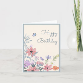 Tarjeta Flores color agua pastel cumpleaños mariposa
