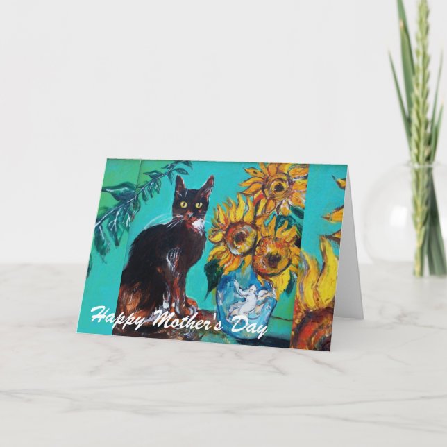 Tarjeta FLORES CON GATO NEGRO / Día de la Madre (Anverso)