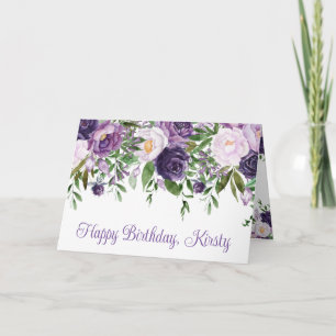 Tarjeta Flores Cumpleaños Moradas y Blancas Acuarela