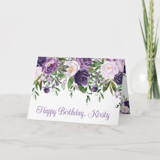 Tarjeta Flores Cumpleaños Moradas y Blancas Acuarela (Anverso)