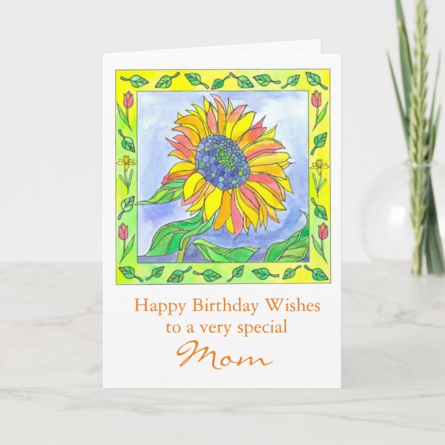 Tarjeta Flores de acuarela de girasol Feliz cumpleaños mam (Anverso)