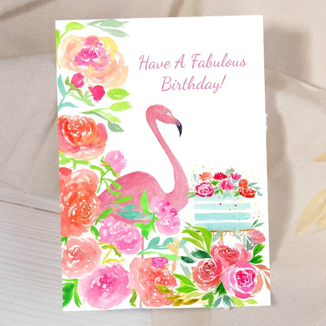 Tarjeta Flores De Acuarela, Flamingo Y Pasteles Cumpleaños (Subido por el creador)