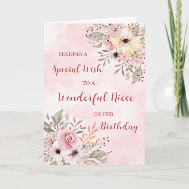 Tarjeta Flores de Acuarela Rosa Cumpleaños Sobrina (Anverso)