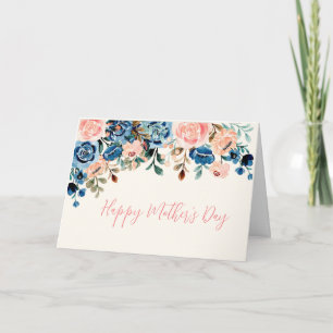 Tarjeta Flores de acuarela rosadas y azules para el Día de