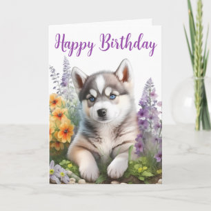 Tarjeta Flores de acuarela y cachorro de Husky Siberiano