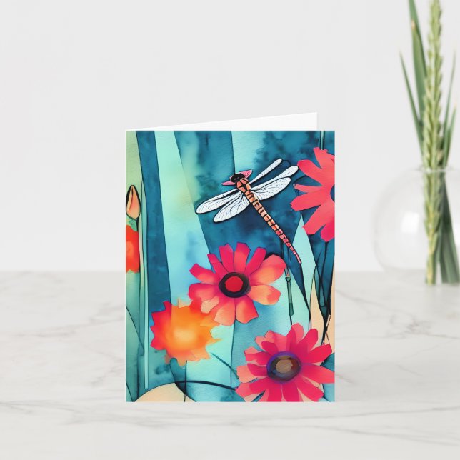 Tarjeta Flores de acuarela y libélula personalizables (Anverso)