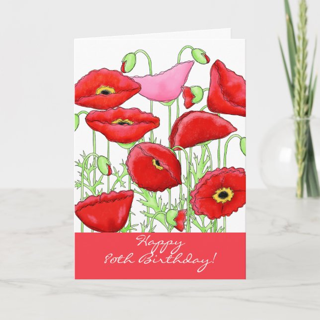 Tarjeta Flores de adormidera rosada roja 80 cumpleaños fel (Anverso)
