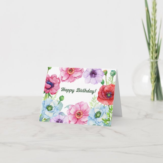 Tarjeta Flores de amapola acuarela feliz cumpleaños (Anverso)