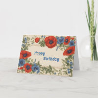 Flores de amapola azul y roja feliz cumpleaños