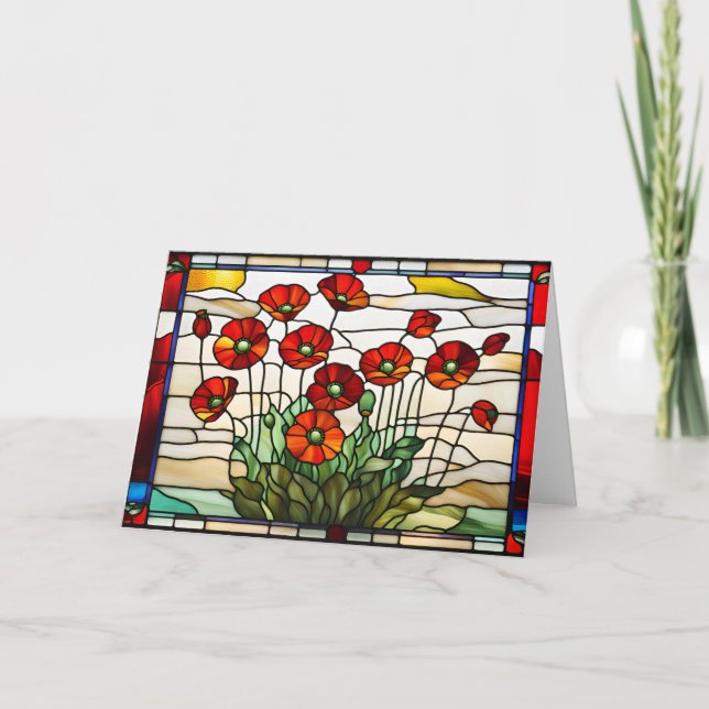 Tarjeta Flores de amapolas rojas de cristal manchado Bouqu (Anverso)