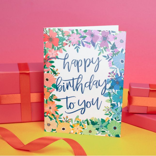 Tarjeta Flores de arcoiris Guión de brocha Feliz cumpleaño (Subido por el creador)