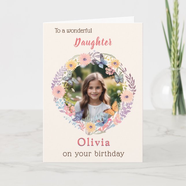 Tarjeta Flores de Bonito rosa foto de hija cumpleaños (Anverso)